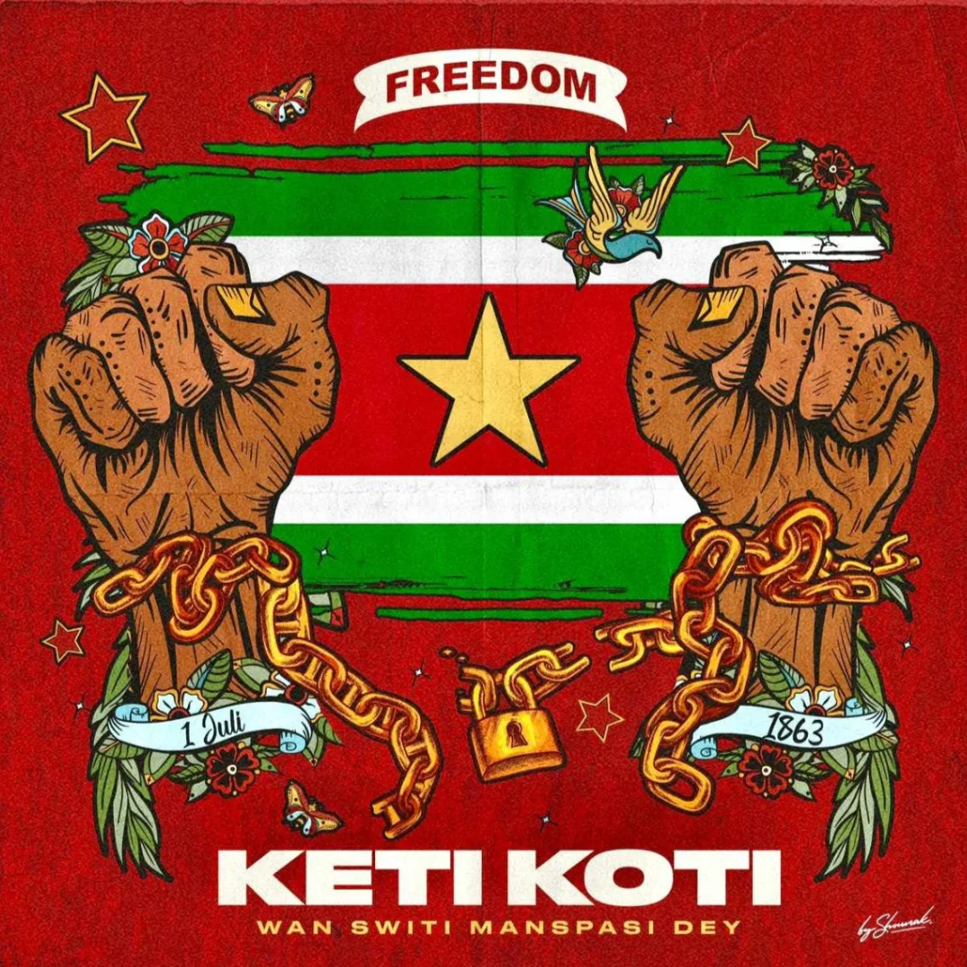 Illustratie Keti Koti Freedom met verbroken ketenen, Surinaamse vlag en 1 juli 1863